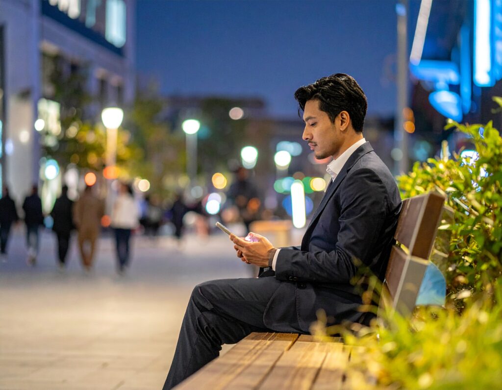 夜の街でスマホを見る社会人男性